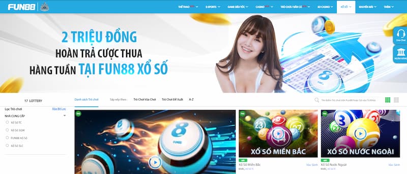 Cổng game xổ số tại Fun88