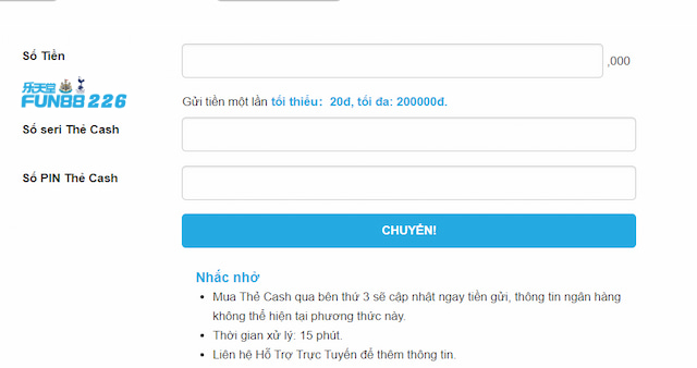 Chuyển tiền Fun88 bằng thẻ cash