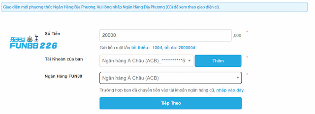 Nạp tiền Fun88 bằng thẻ ngân hàng
